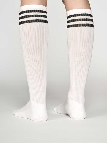 Back view of a model wearing the Y-3 Stripes High Socks in White, highlighting the clean, athletic silhouette and high knee-length design.