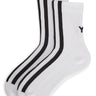 Side packshot of the Y-3 Stripes Socks in White, showing the crew-length design, knit texture, engineered 3-Stripes cuff, and Y-3 logo.