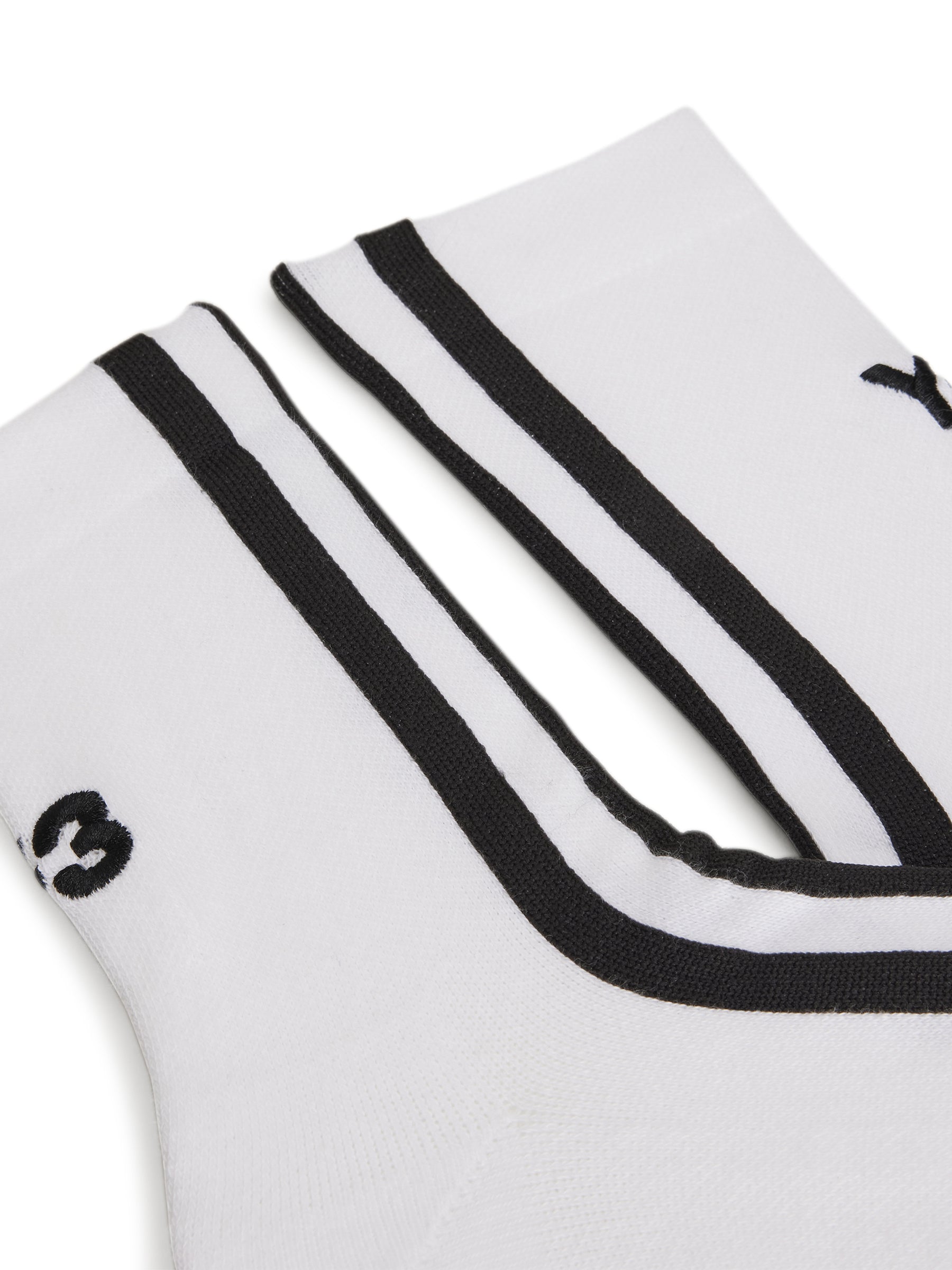 Close-up of the front of the Y-3 Stripes Socks in White, highlighting the 3-Stripes detail and embroidered Y-3 logo on the knit fabric.
