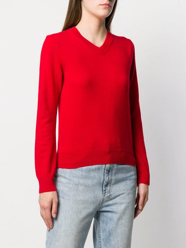Womens V-Neck Pullover Sleeve Red Heart - Red-[-Comme des Garçons Play-3