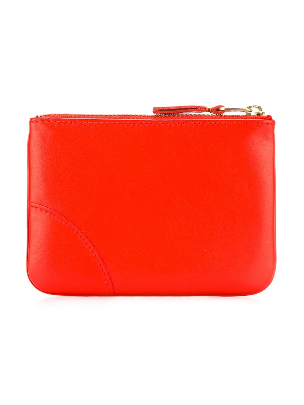 Bright orange leather SA8100 wallet from Comme des Garçons Wallet with top zip fastening, gold-tone hardware, logo stamp, and a main compartment. Measures 15 × 10 × 1.5 cm