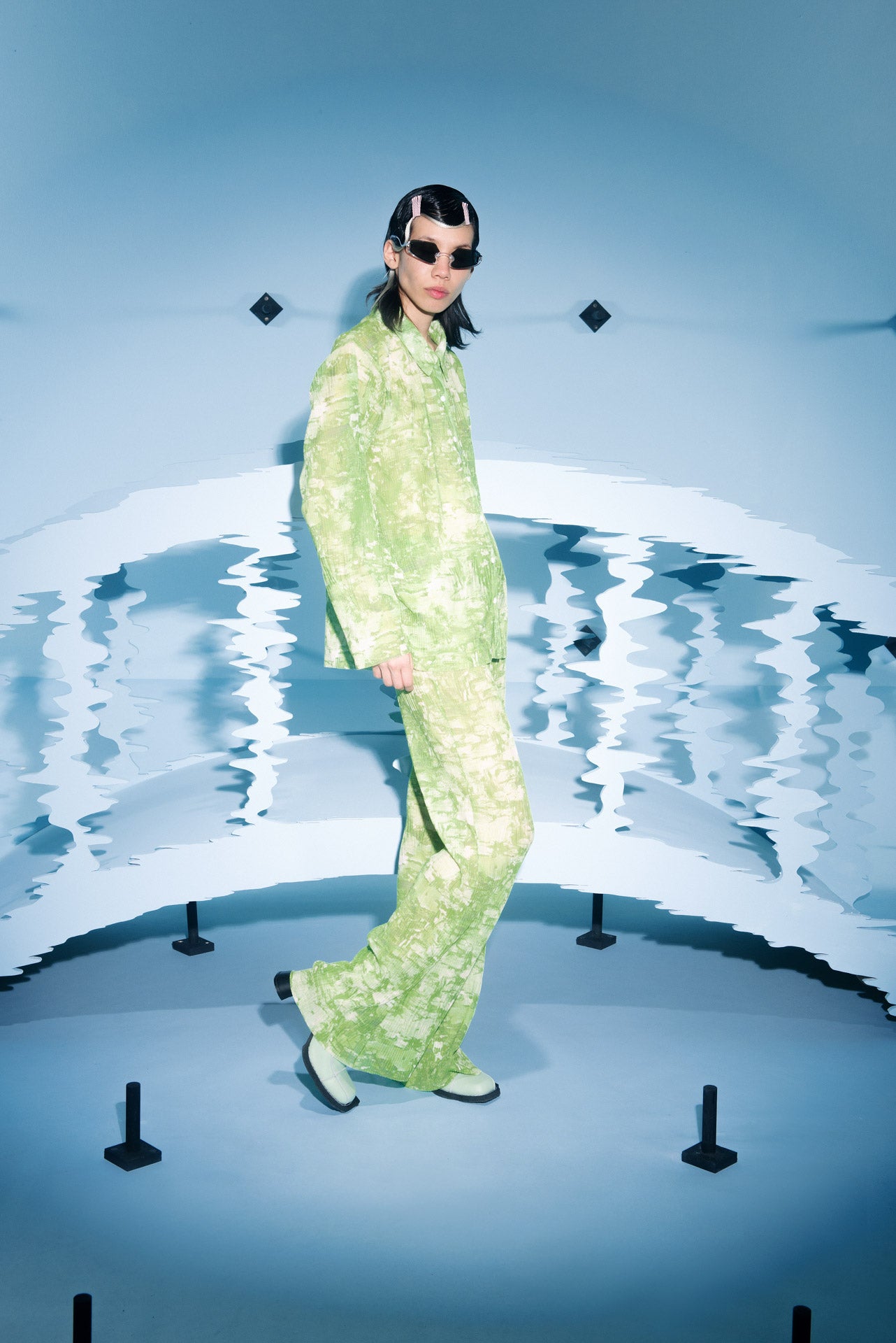 Henrik Vibskov shirt - Short Mesh Plissé Shirt in green riddle print