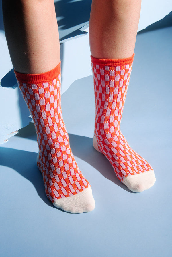 Henrik Vibskov Grandpa socks for women in red, pink, and cream - 2