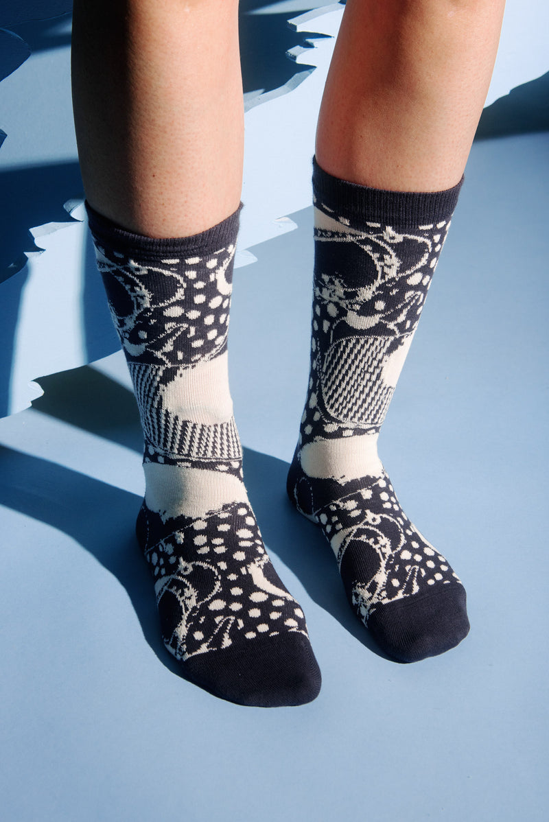 Henrik Vibskov Bird In Face socks for women in black, white, and cream - 2
