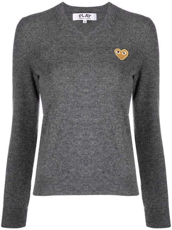 Womens V-Neck Pullover with Gold Heart - Med Grey