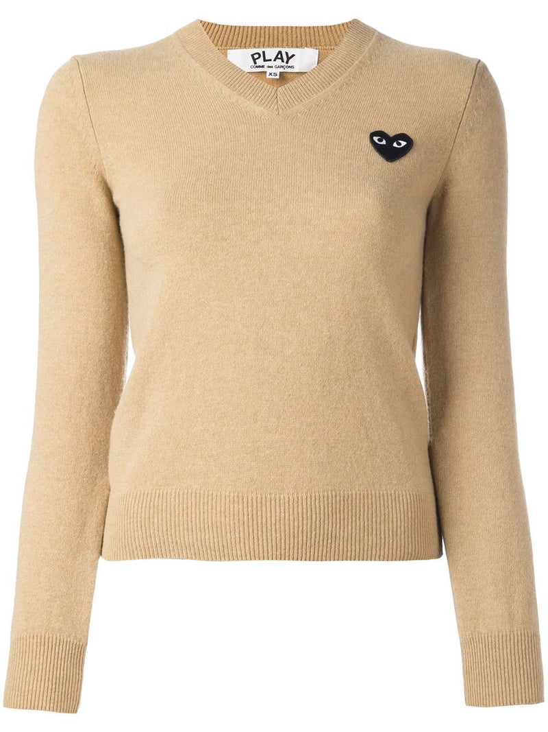 Womens V-Neck Pullover with Black Heart - Beige
