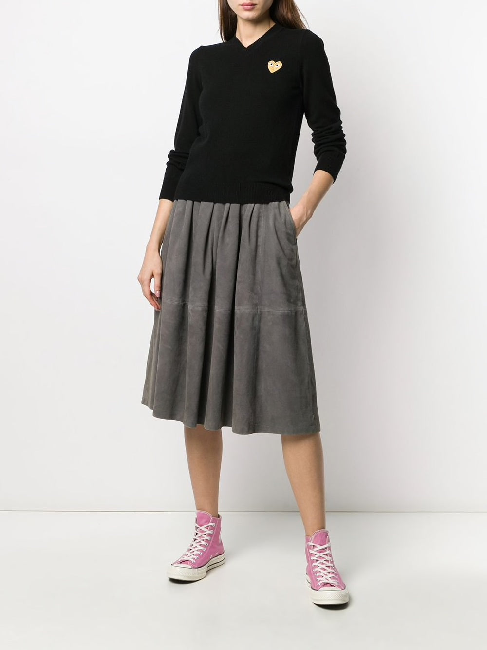 Womens V-Neck Pullover with Gold Heart - Black-[-Comme des Garçons Play-2