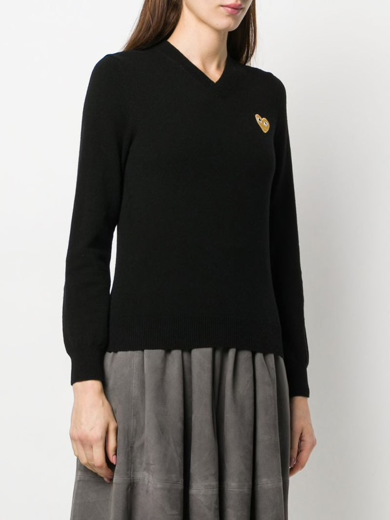 Womens V-Neck Pullover with Gold Heart - Black